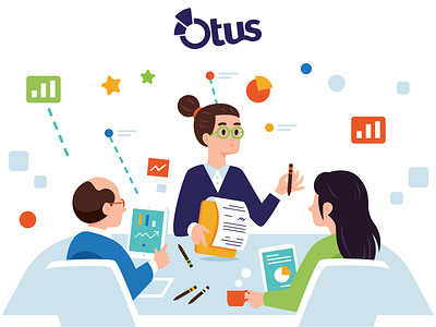 Illustrations for Otus - 9 analytics business woman cartoon characters company creative data analysis flat funny graphic design icons illustration marketing meeting people studio tablet team teamwork vector