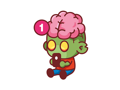 Social Addicted Zombie brain cartoon character concept cute flat funny halloween illustration kawaii mascot monster notification outline smartphone social spooky sticker t shirt design zombie