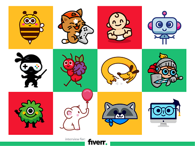 Fiverr Interview animal branding cartoon character collection cute doodle flat funny graphic design illustration interview logo mascot monster ninja outline robot vector
