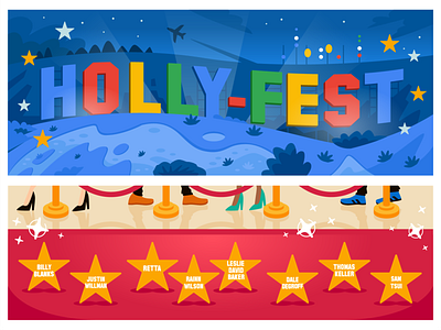 Illustrations for Holly-Fest Event banner california cartoon celebrities creative design digital event flat graphic design hollywood homepage illustration landscape mascot night party red carpet stars vector