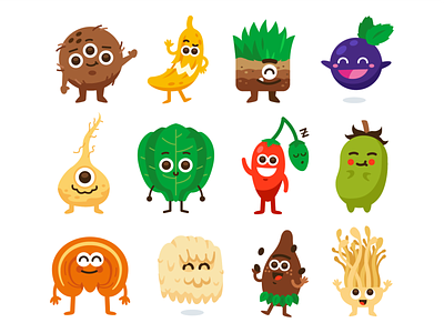 Food Monsters! banana cartoon characters creatures cute flat food fruits funny graphic design healthy illustration kawaii food mascot monsters mushrooms quirky silly supply vegetables