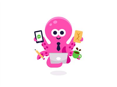 Multitask Octopus animal business cartoon character coffee cute digital flat funny graphic design icon illustration logo mascot multitask octopus office pink smart vector