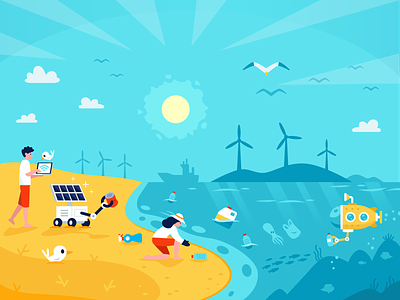 Save the Ocean Illustration alternative energy beach cartoon concept conservation design ecology ecosystem environment flat graphic illustration nature ocean ocean pollution plastic save the ocean seaside submarine underwater