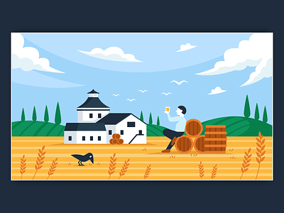 Landing Page Illustration for Whisky Company background barely field barrels cartoon colorful countryside crow digital distillery drink flat graphic design hills illustration landing page landscape nature vector website whisky