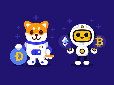 Crypto Mascots bitcoin blockchain cartoon character crypto cryptocurrency dogecoin ethereum flat funny graphic design illustration logo mascot minimal nft robot shiba inu token vector