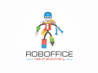 Roboffice Rise of stationery character droid flat logo mascot mascot office pen pencil robot rule stamp stationary
