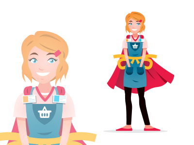 Webshop Owner Shopkeeper Superhero Mascot cartoon character employee girl mascot shop shop assistant shopkeeper smile superhero web webshop owner