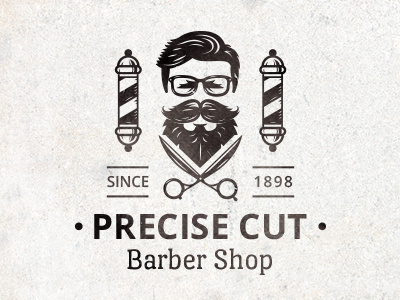 Precise Cut Barber Shop badge barber shop beard character creative design flat funny hipster label logo logo mark brand mascot mustache old retro stamp sticker symbol vector vintage
