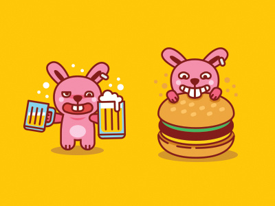 Brat Bunny series - Beer & Burger animal beer bunny burger character cute drunk food funny mascot pink sticker