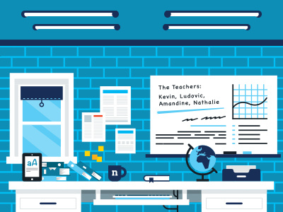 website Nosco Academy illustration 3 background blackboard blue desk flat illustration learning school study teach website workspace