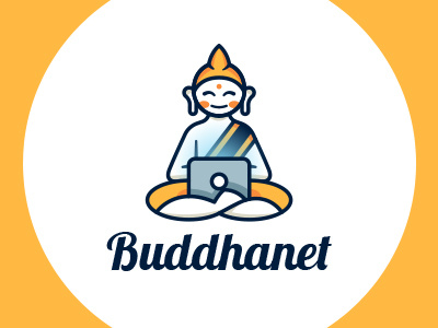 Buddhanet logo buddha cartoon chat computer gold illustration logo mascot network oriental social yoga