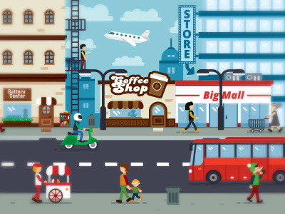 Illustration Town airplane bus city coffee illustration people population shop store street town vespa