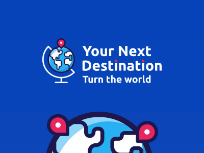 Your Next Destination APP logo app application blue color design flat icon app icon illustration logo mark brand pin map push pin travel traveling world map