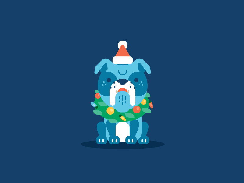 Merry Christmas animal animation blue bulldog christmas dog flat funny gif holiday mascot pet