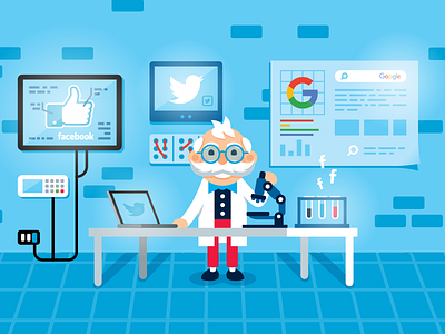 Social Analyzer Illustration - Find the best solution data facebook flat google illustration lab laboratory landing page mascot science scientist social twitter web