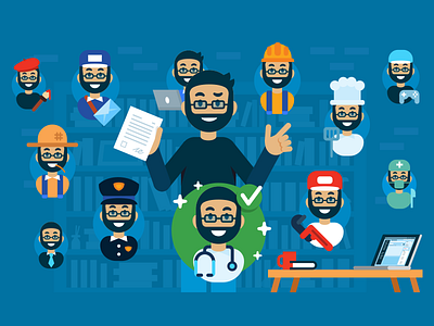 tussendoor.nl - Illustration 04 beard man character contract doctor employee flat hire hired illustration job mascot portfolio work