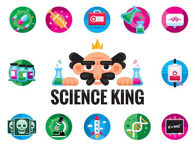 Science King logo and Icons colored doctor flat funny health icons illustration logo mascot pharmaceutical science web