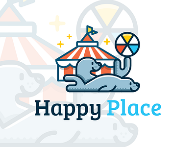 Happy Place logo design animal cartoon children circus cute funny game happy illustration logo play seal