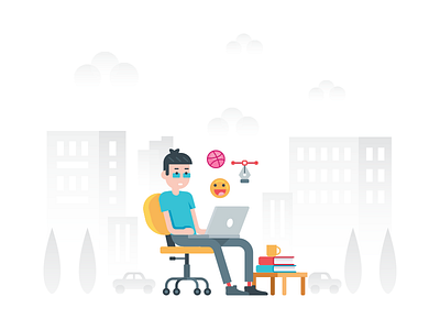 The designer's concentration artist background cartoon character designer dribbble emoji icons illustration landing page laptop working