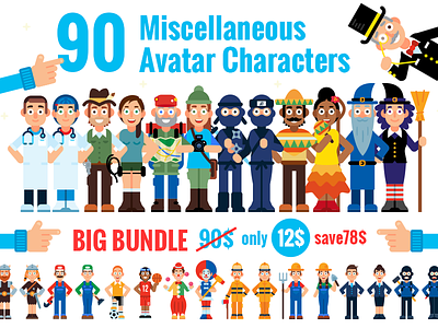 90 Miscellaneous Avatar Characters avatar bundle characters clipart clothes cultural fantasy flat jobs people promotion vector