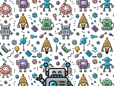 Funny Robot Pattern android clip art colorful cute flat illustration pattern robot seamless steam steampunk tech technology vector