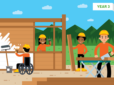 Illustration for Video 04 - Year3 build building carpenter characters flat friends house home illustration landscape paint wood woodcutter work working