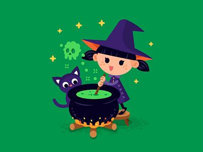 Cute Witch cartoon cat kitty children cooking fantasy flat illustration girl halloween magic pot trick or treat witch
