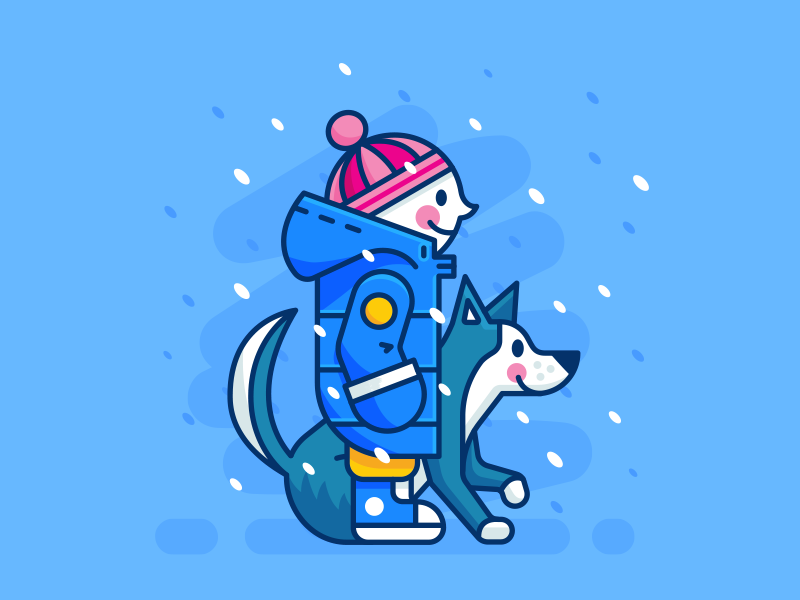 Winter - Kid and Dog Friends sticker creative icon character animal flat cartoon mascot geometric minimal cute john snow game of thrones friends blue snow outline illustration dog wolf husky children kid winter fall
