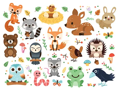 Woodland Animals animal animals bird bear rabbit boho cartoon clipart creative cute design fawn hedgehog butterfly flat fox raccoon squirrel frog crow owl icon illustration mushroom flowers sticker sweet sweet cute woodland