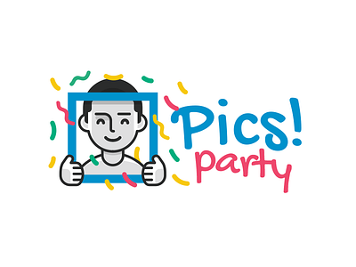 Pics! Party Logo cartoon color face funny fun happy illustration logo brand mark mascot outline party selfie social