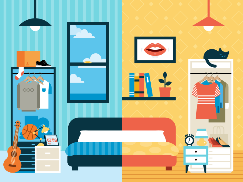 Male And Female Room Illustration vector pattern fashion style wardrobe dress interior design furniture cat flat illustration room male female