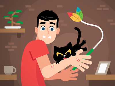 When Your Cat Bites You Instead Of The Toy..... cartoon cat character dribbble flat friends frustrated fullstory playoff fun funny game illustration toy