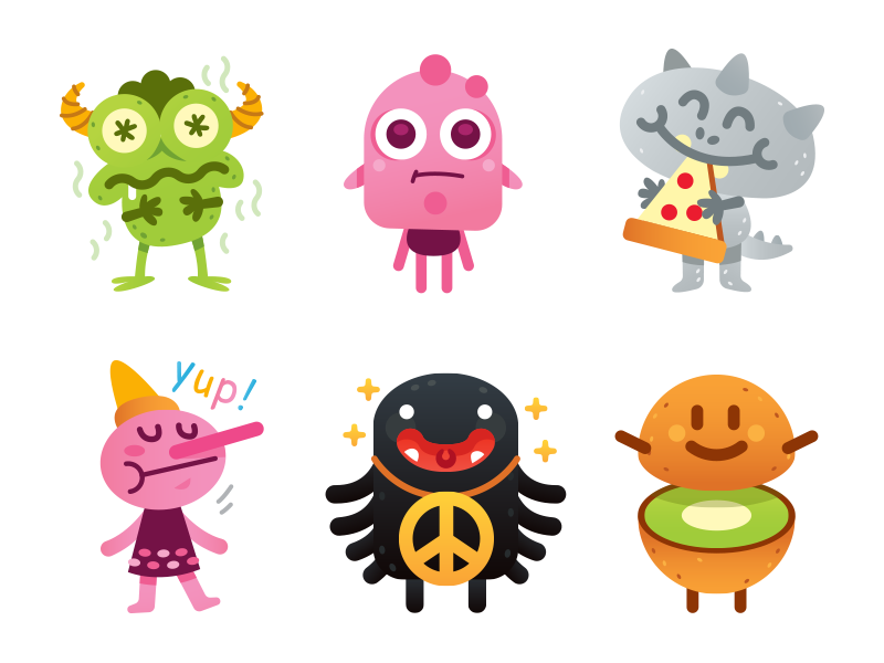 Cute Freak Monsters Emoji - another 6 characters icon creative sweet character flat cartoon mascot illustration funny characters silly monster pizza kiwi emoticon emoji pinocchio peace cute freak