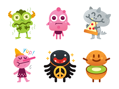 Cute Freak Monsters Emoji - another 6 characters cartoon character characters creative cute emoji emoticon flat freak funny icon illustration kiwi mascot monster peace pinocchio pizza silly sweet