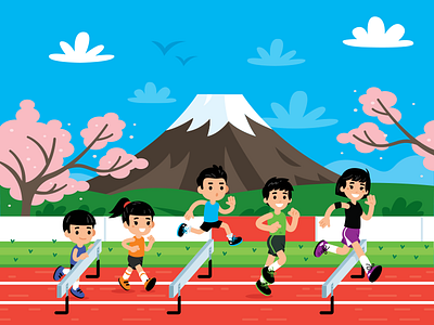 Illustration for Run.jp characters flat fun funny illustration japan kids children mt. fuji running sports teenager tokio volcano