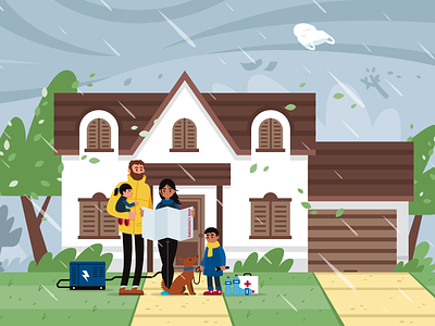 Hurricane Peril Illustration cartoon family flat house hurricane illustration neighborhood perils rain storm weather wind