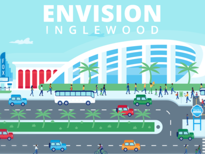 Envision Inglewood 2d cartoon characters creative design flat graphic green illustration inglewood landing page los angeles minimal people stadium street theater town transportation ui website