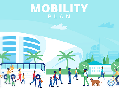 Mobility Plan - Envision Inglewood bike buildings cars colorful design dog flat graphic green illustration inglewood landing page landscape los angeles minimal people sport stadium town website