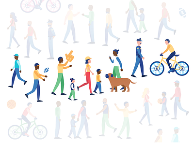 People - Envision Inglewood bike cartoon characters children cop creative design dog flat folks graphic illustration landing page mascot people silhouettes sport town website woman