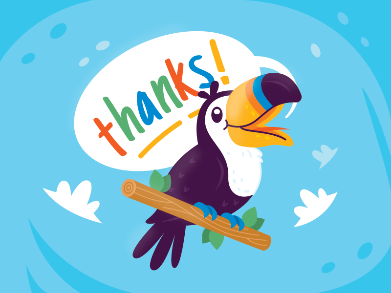 Thanks to Toucans kids children bird tropical happy party design sweet sticker cute animal character funny logo mascot cartoon flat toucan thanks illustration