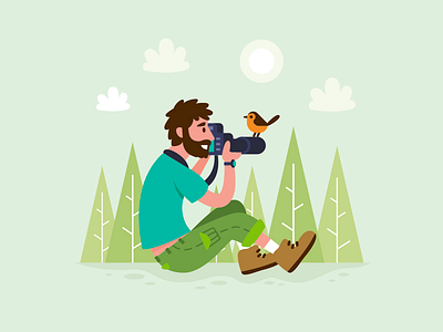 Naturalistic Photographer animal bird cartoon character creative design flat funny graphic green illustration mascot naturalistic nature photo photograph photographer sparrow tree vector