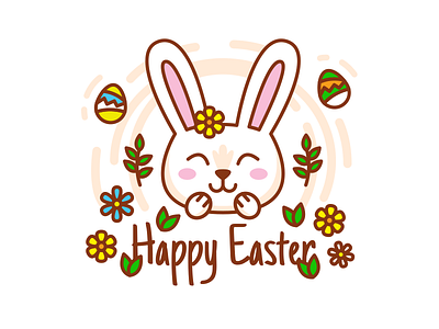 Happy Easter Bunny animal cartoon character children cute easter bunny emoji emoticon face flat flowers funny icon illustration label badge logo mascot outline rabbit sweet woodland