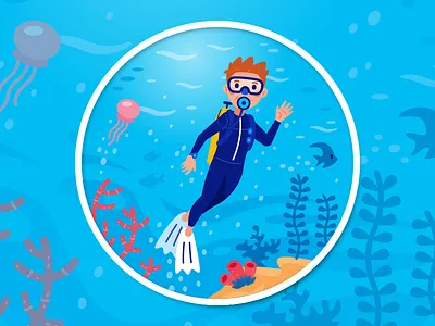 Scuba Diver Illustration for Good&Co animal blue cartoon character creative cute deep sea flat funny icon illustration jellyfish mascot scuba diver scuba diving sea sticker summer under water underwater vector