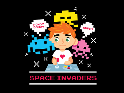 Space Invaders 80s alien cartoon character children creative cute design flat funny illustration kids mascot memories nostalgic pixel space invaders spaceship sticker videogame