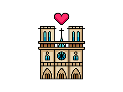 Notre Dame de Paris architecture cartoon cathedral church creative design flat france heart icon illustration logo notre dame outline outline icon outline illustration paris parisian sticker tribute