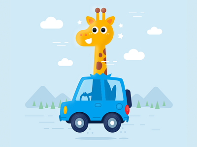 Giraffe drive a car in its own way adventure animal cartoon character childrens illustration creative cute design digital drive flat funny giraffe happy icon illustration kindergarten mascot sticker vector