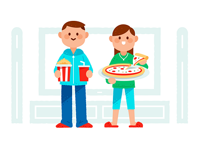 Watching Tv Series cartoon characters cinema couple creative cute film flat food and drink funny illustration mascot movie netflix night pizza popcorn trailer tv series vector