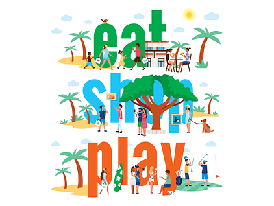 Eat Shop Play illustration art beach cartoon characters coffee creative design flat funny golf hawaii hawaiian illustration people pizza selfie shopping tree typography vector