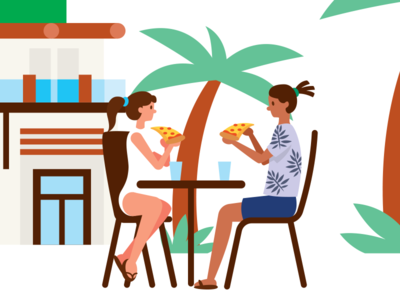 Eat Shop Play - Pizza branding cartoon characters couple cute design dinner flat funny graphic design hawaii holidays illustration man meal palm tree pizza summer vector woman