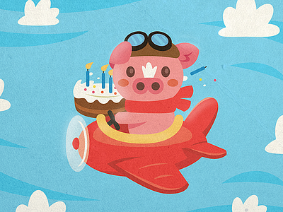 Happy birthday! animal birthday cake cartoon character children cute flat funny illustration kawaii kids mascot pig pink plane sky sweet vector vintage